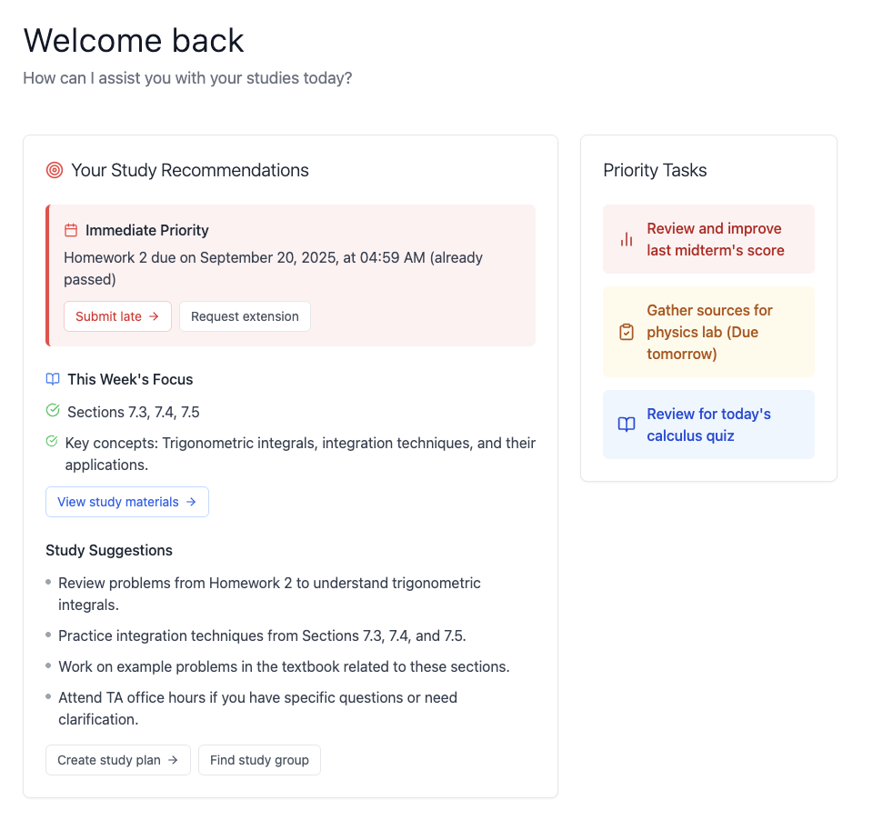 Metis Dashboard - Welcome back interface showing study recommendations and priority tasks
