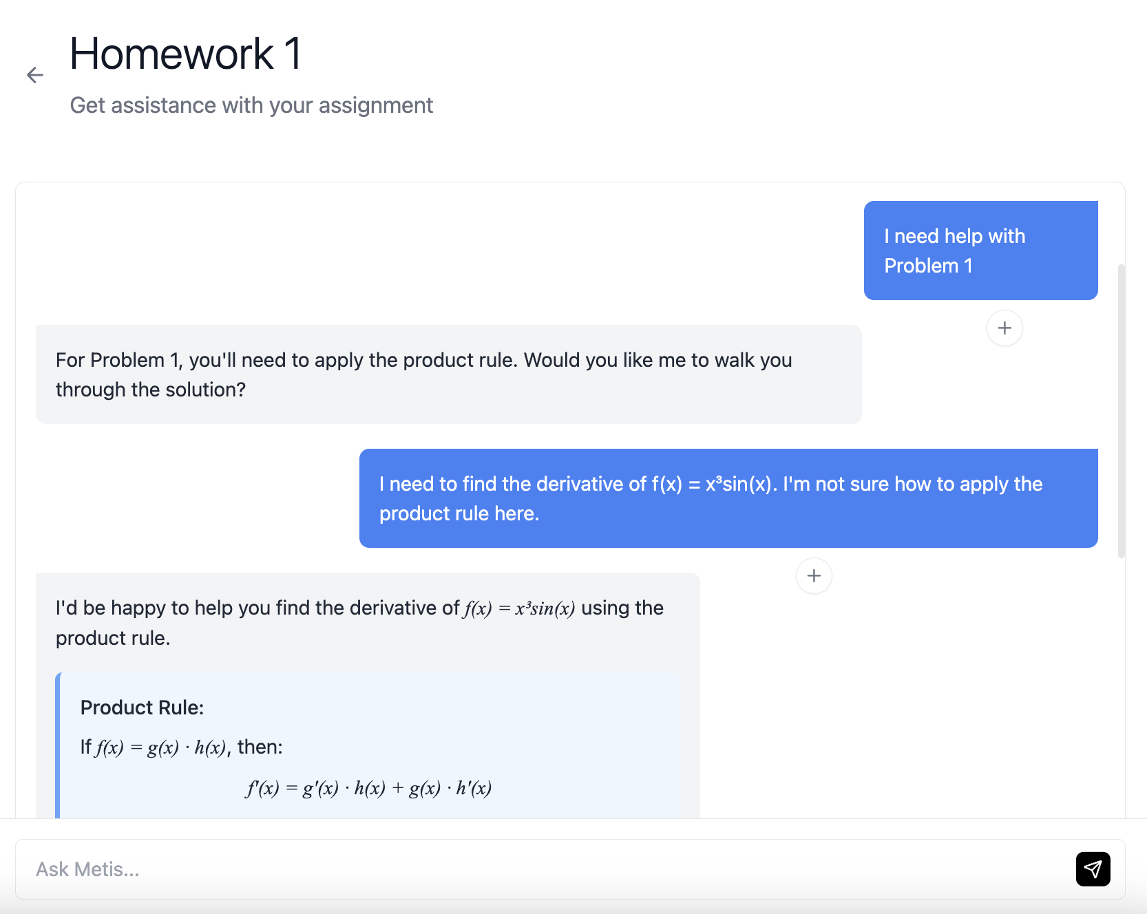 Metis Homework Assistant showing step-by-step math problem solving